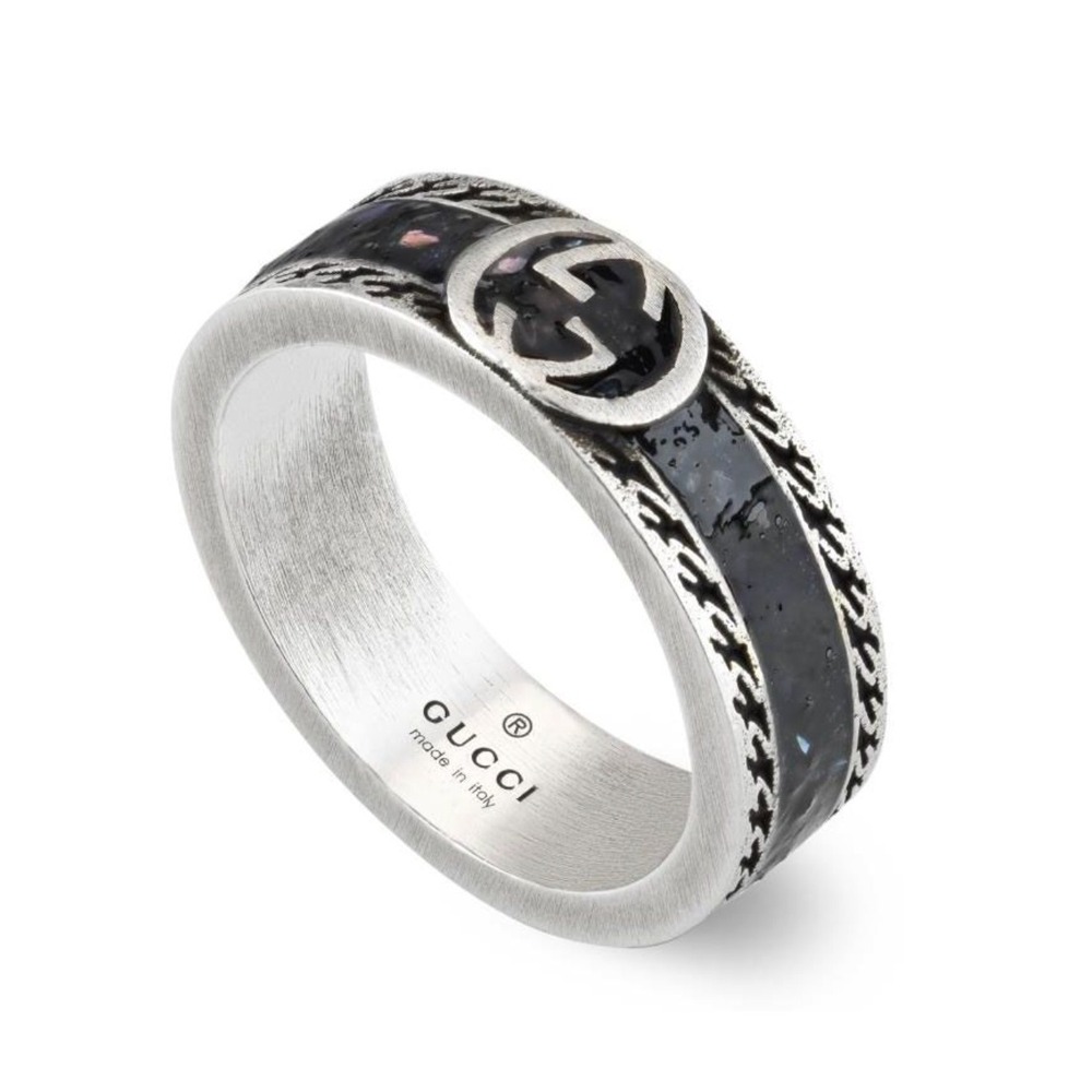 Gucci Interlocking GG Black Resin Sterling Silver 925 Band Ring Size 19 US 8 3/4